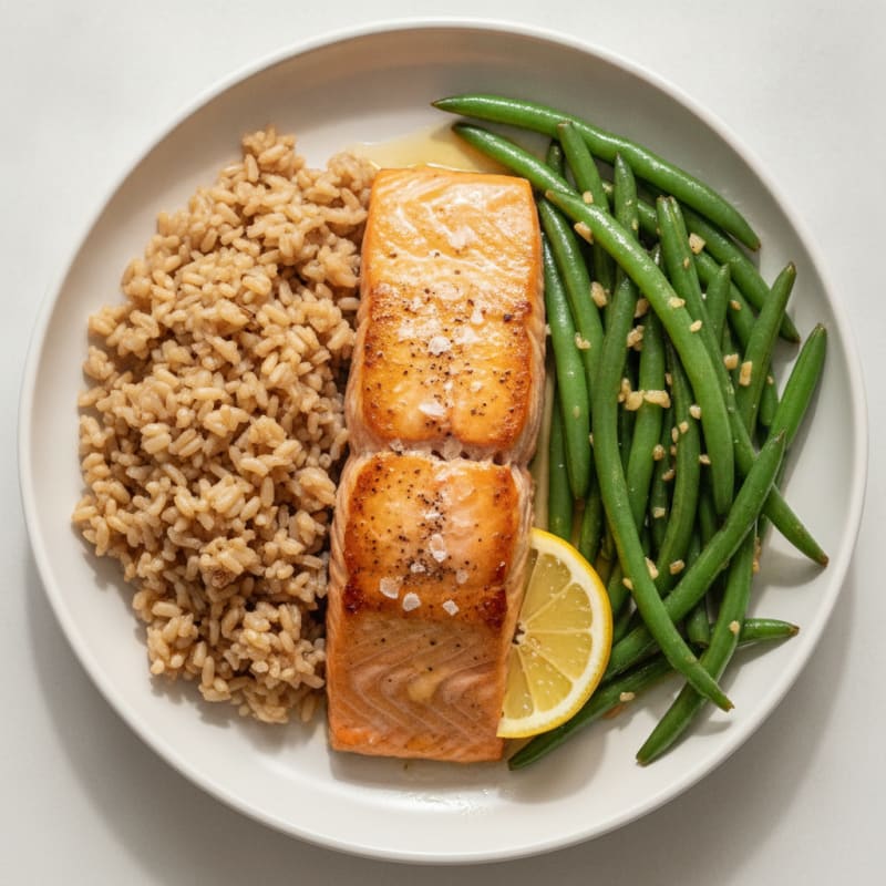 Seared Salmon Fillet with Garlic Green Beans and Brown Rice