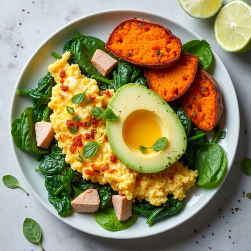 Egg White and Turkey Spinach Scramble with Roasted Sweet Potato