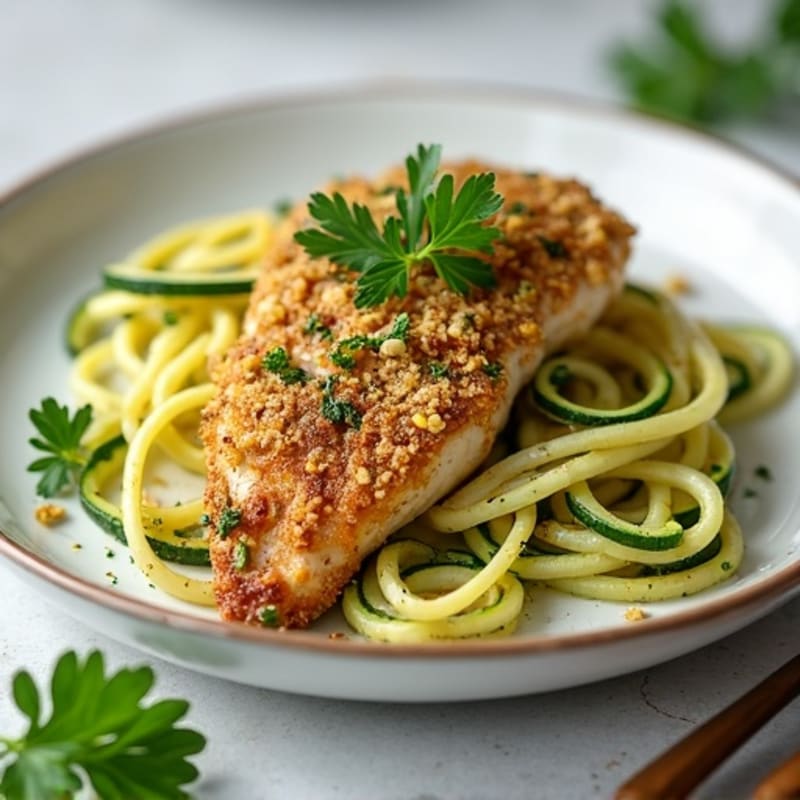 Herb-Crusted Chicken with Roasted Garlic Zucchini Noodles