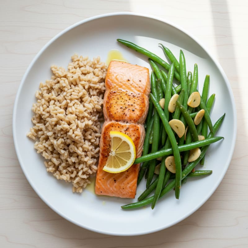 Seared Salmon Fillet with Garlic Green Beans and Brown Rice
