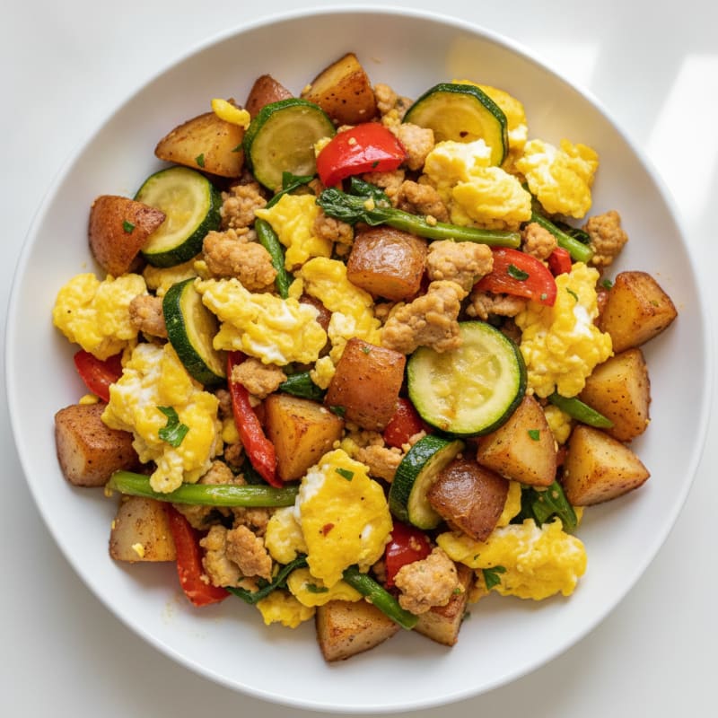 Egg and Potato Scramble with Roasted Seasonal Vegetables