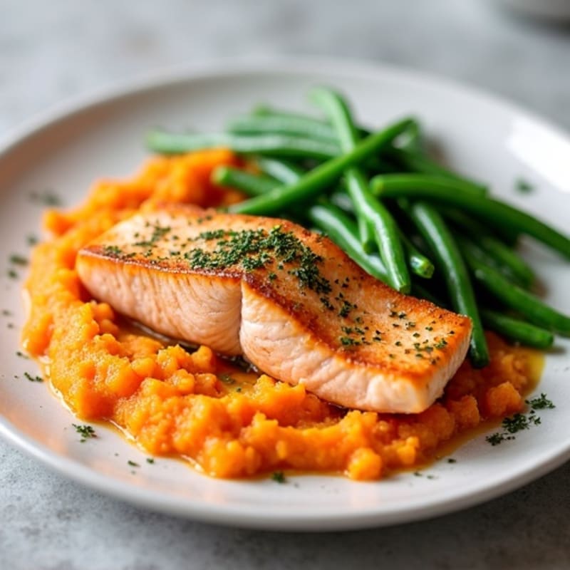 Seared Salmon with Garlic Green Beans and Sweet Potato Mash