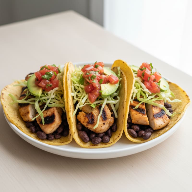 Grilled Chicken and Black Bean Tacos with Shredded Cabbage and Salsa