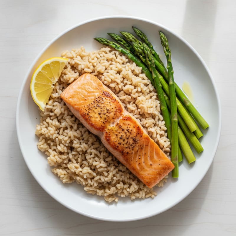 Seared Salmon Fillet with Steamed Asparagus and Brown Rice