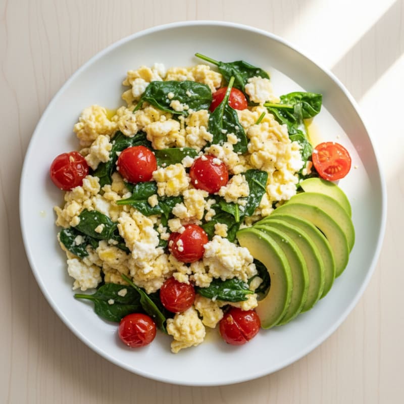 Cottage Cheese Egg Scramble with Spinach and Cherry Tomatoes