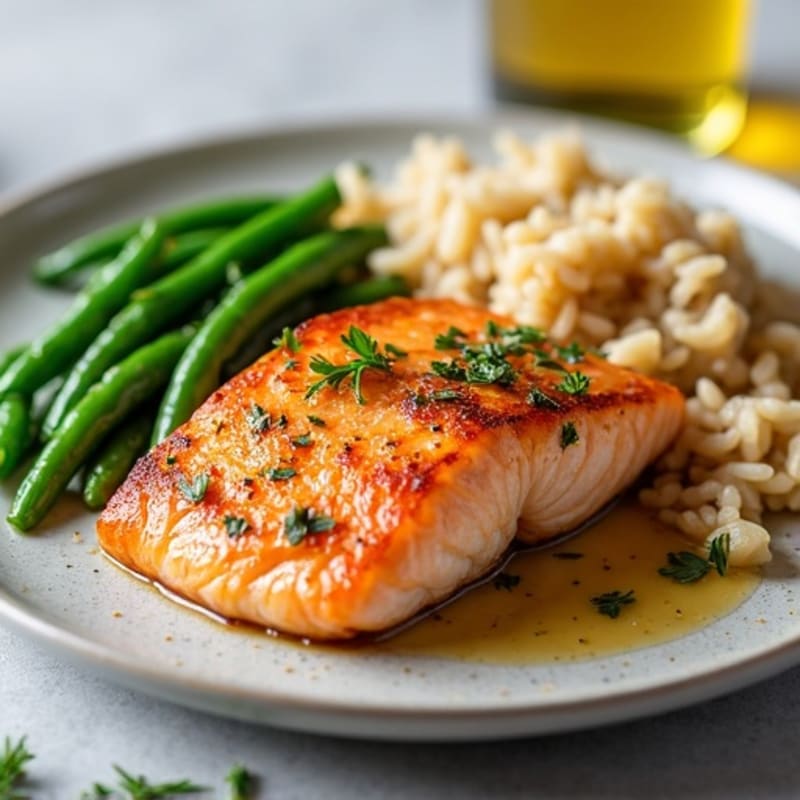 Seared Salmon with Garlic Green Beans and Brown Rice