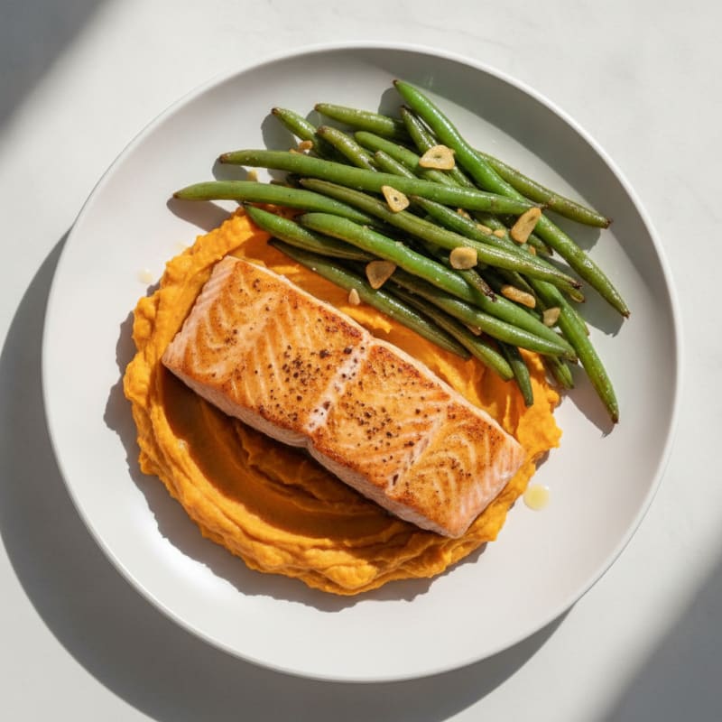 Seared Salmon Fillet with Garlic Green Beans and Sweet Potato Mash