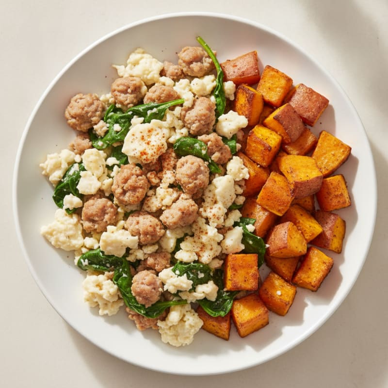 Egg White and Turkey Sausage Scramble with Roasted Sweet Potatoes