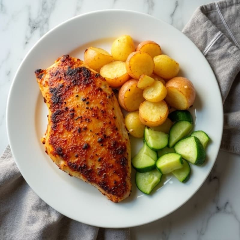 Roasted Chicken and Crispy Potatoes with Fresh Cucumber and Celery