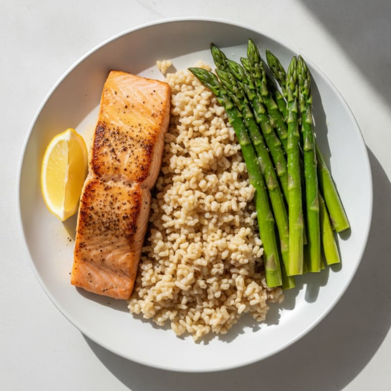 Seared Salmon with Steamed Asparagus and Brown Rice