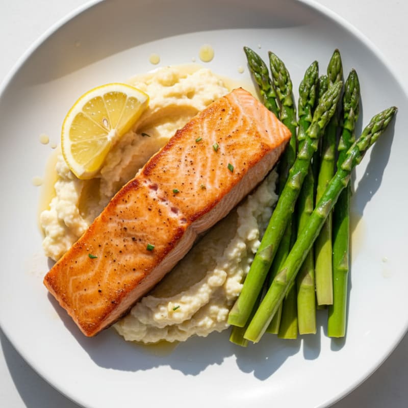 Seared Salmon with Steamed Asparagus and Garlic Cauliflower Mash