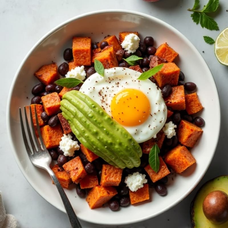 Crispy Sweet Potato Hash with Eggs, Feta, and Creamy Avocado