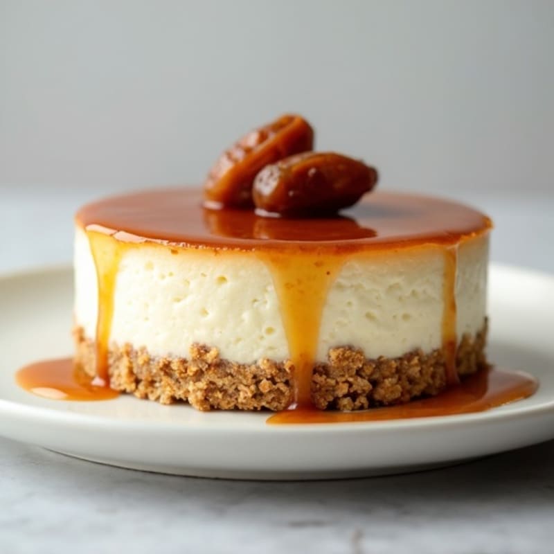 Greek Yogurt Vanilla Bean Cheesecake with Date Caramel Drizzle
