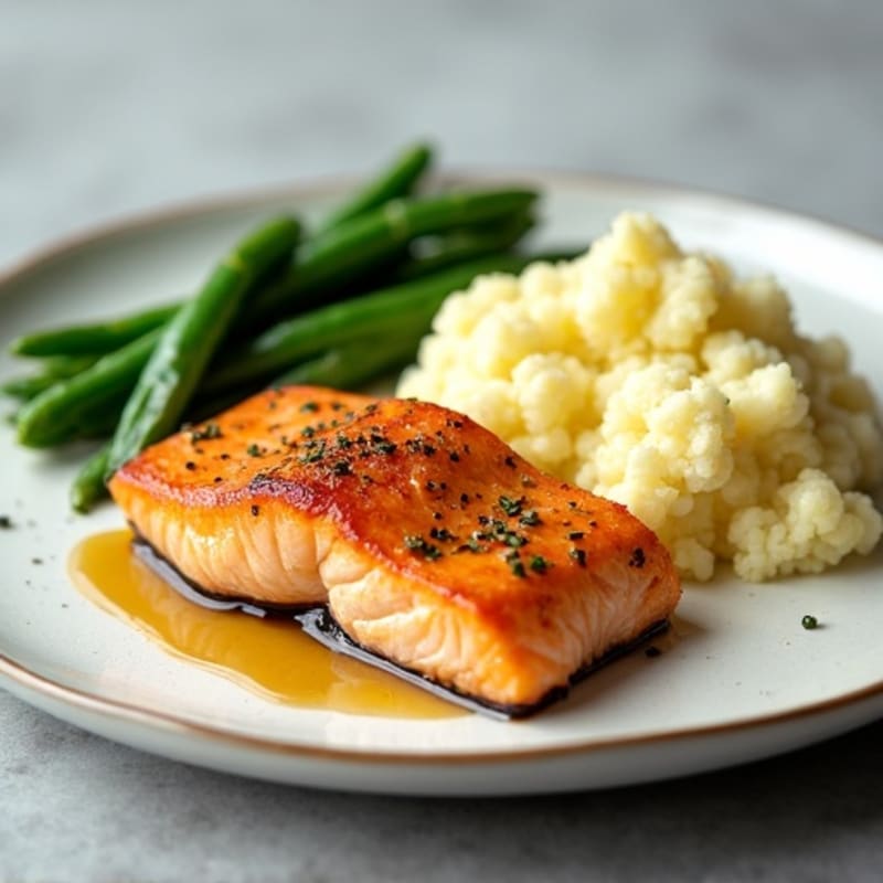 Seared Salmon with Steamed Green Beans and Garlic Mashed Cauliflower