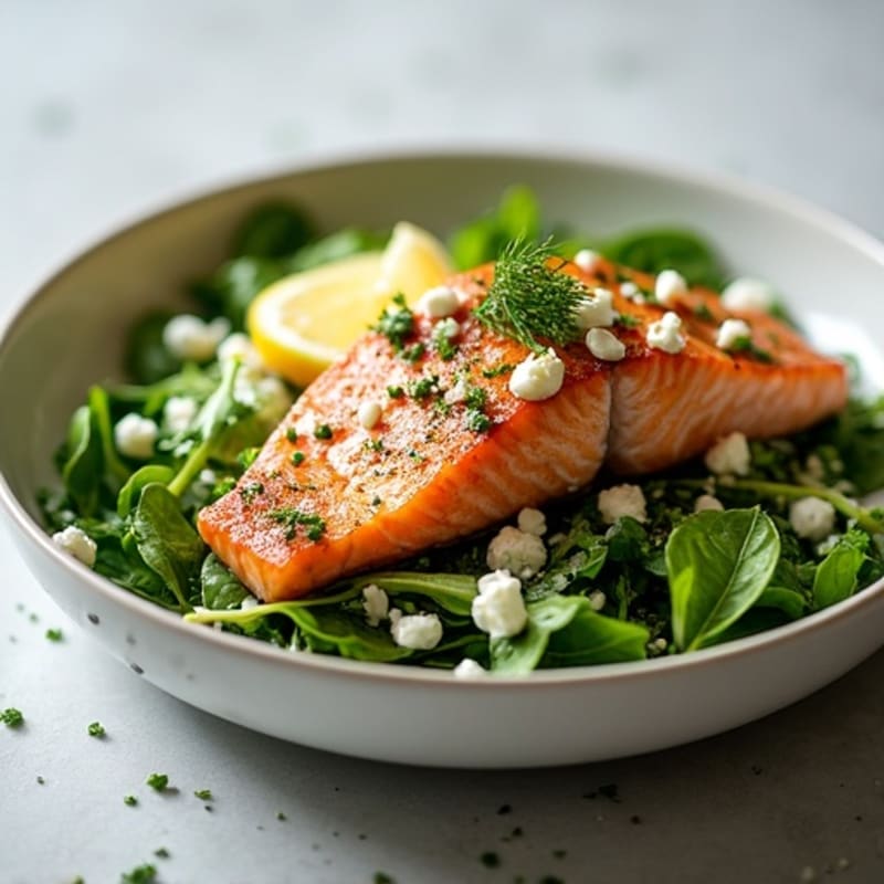 Pan-Seared Salmon with Crisp Greens, Feta, and Lemon-Herb Vinaigrette