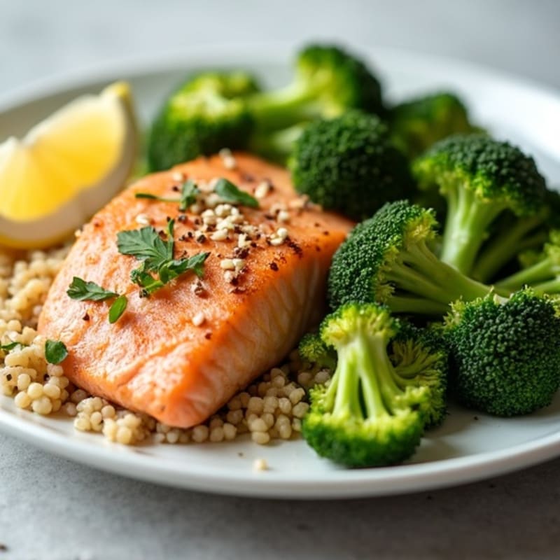 Seared Salmon with Steamed Broccoli and Quinoa