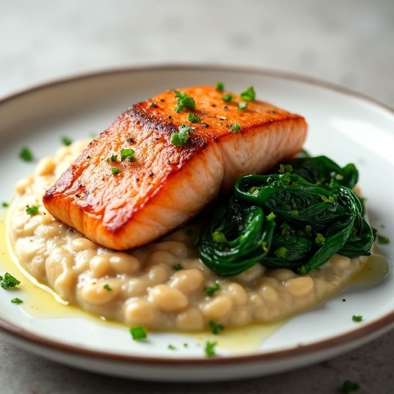 Seared Salmon Fillet with Creamy White Bean Mash and Sautéed Spinach