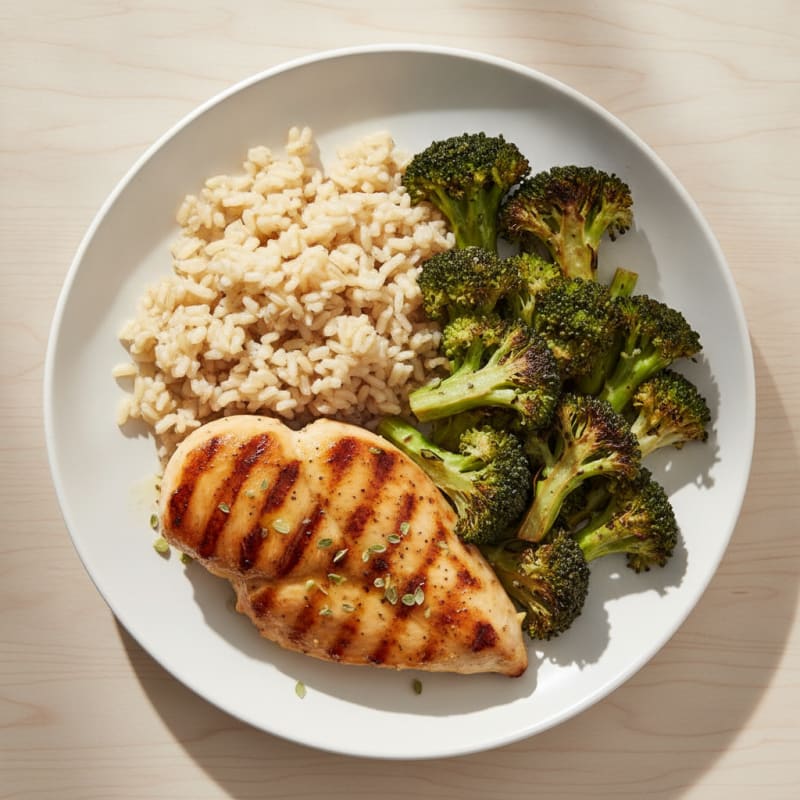 Grilled Chicken Breast with Brown Rice and Roasted Broccoli