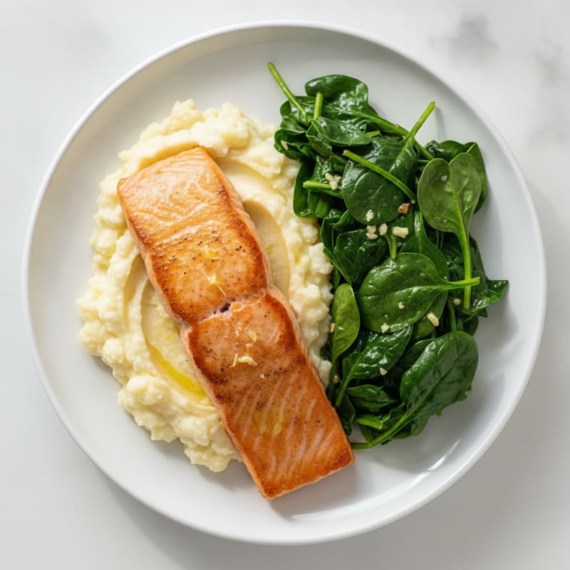 Seared Salmon with Garlic Spinach and Mashed Cauliflower
