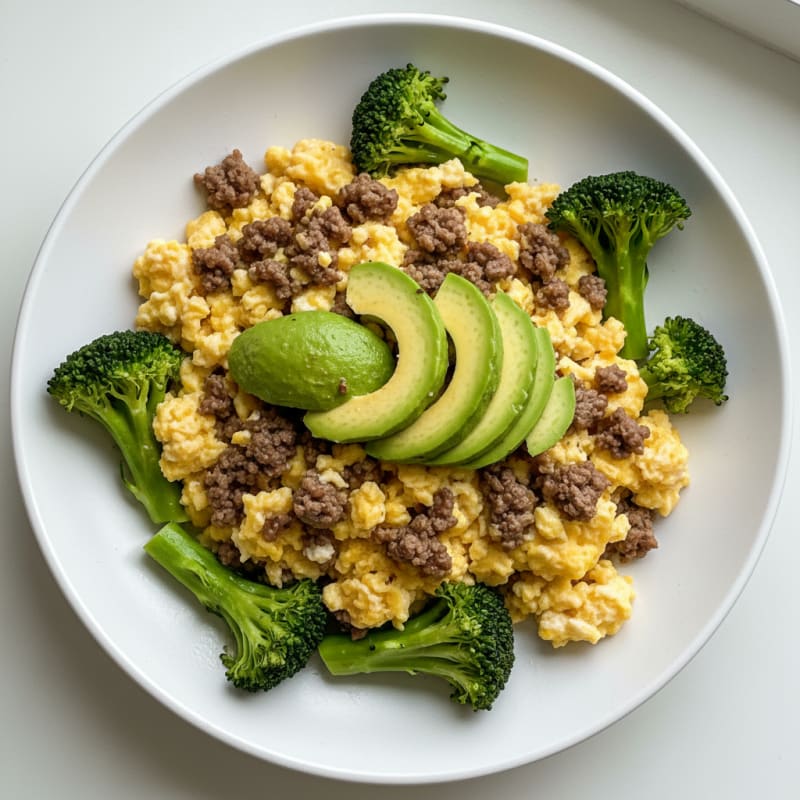 Creamy Avocado Scrambled Eggs with Sautéed Broccoli