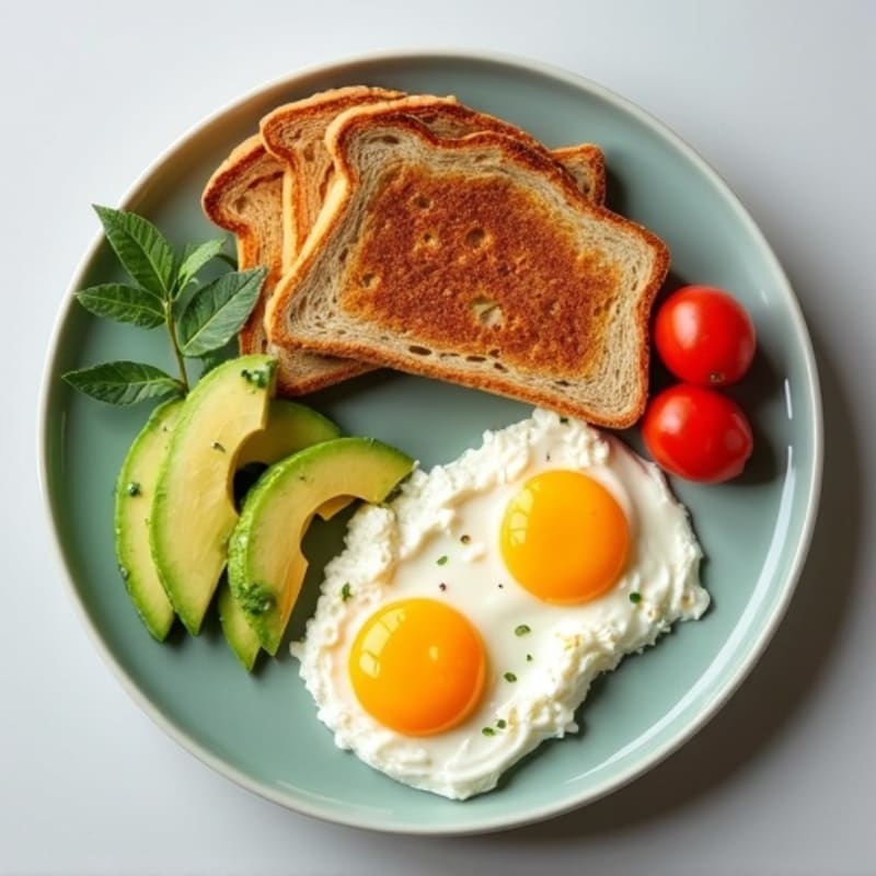 Avocado and Cottage Cheese Plate with Eggs, Turkey, Whole Grain Toast, and Fresh Veggies
