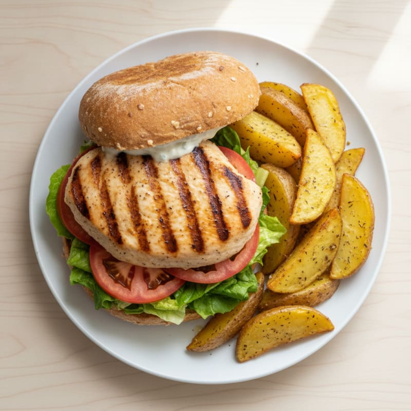 Grilled Chicken Sandwich with Whole Grain Bread and Roasted Potato Wedges
