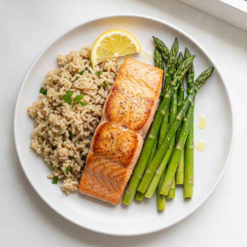 Seared Salmon with Steamed Asparagus and Herbed Brown Rice