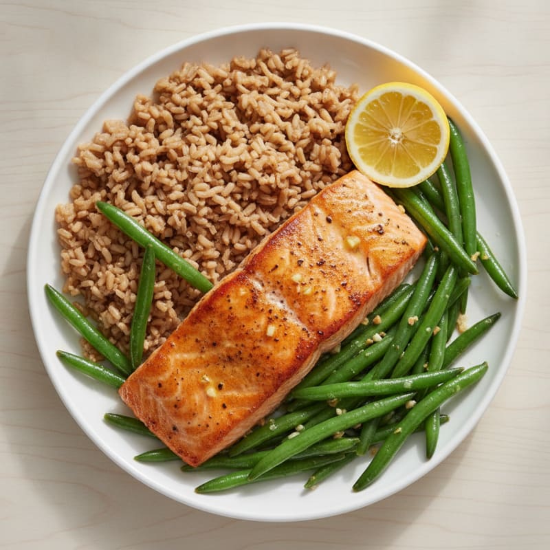 Seared Salmon with Garlic Green Beans and Brown Rice