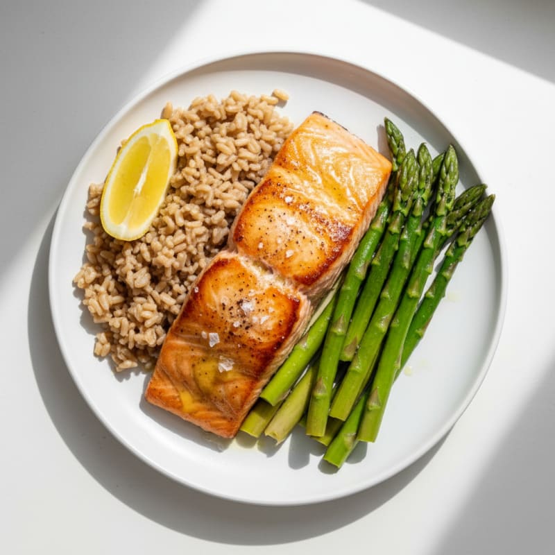 Seared Salmon with Steamed Asparagus and Brown Rice