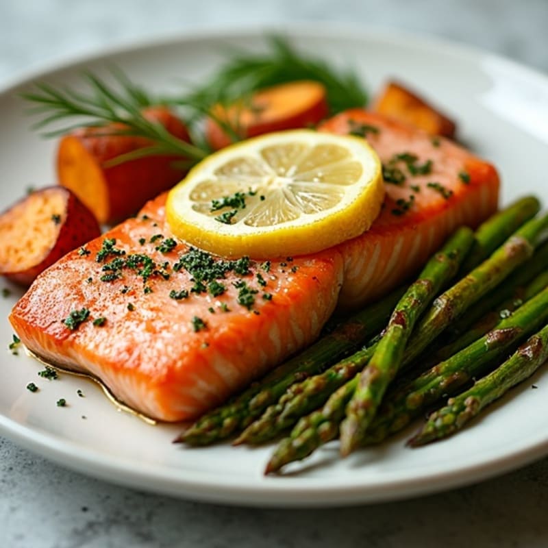Sheet Pan Lemon Herb Salmon with Crispy Roasted Asparagus and Sweet Potatoes