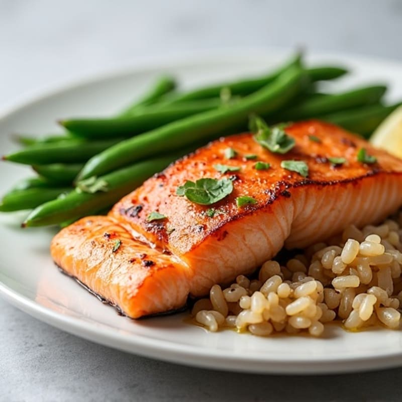 Seared Salmon with Steamed Green Beans and Brown Rice