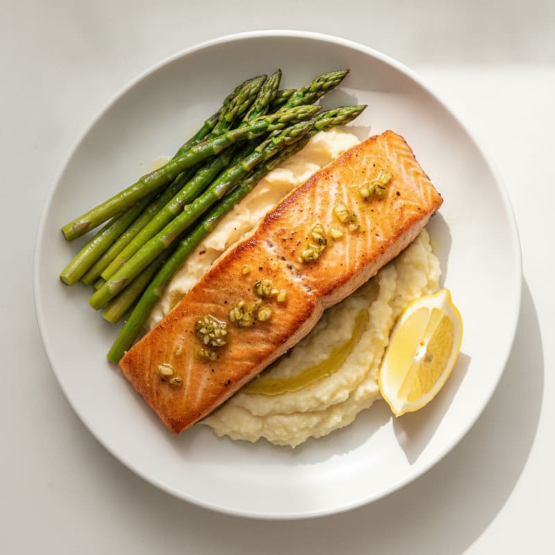 Seared Salmon Fillet with Steamed Asparagus and Cauliflower Mash