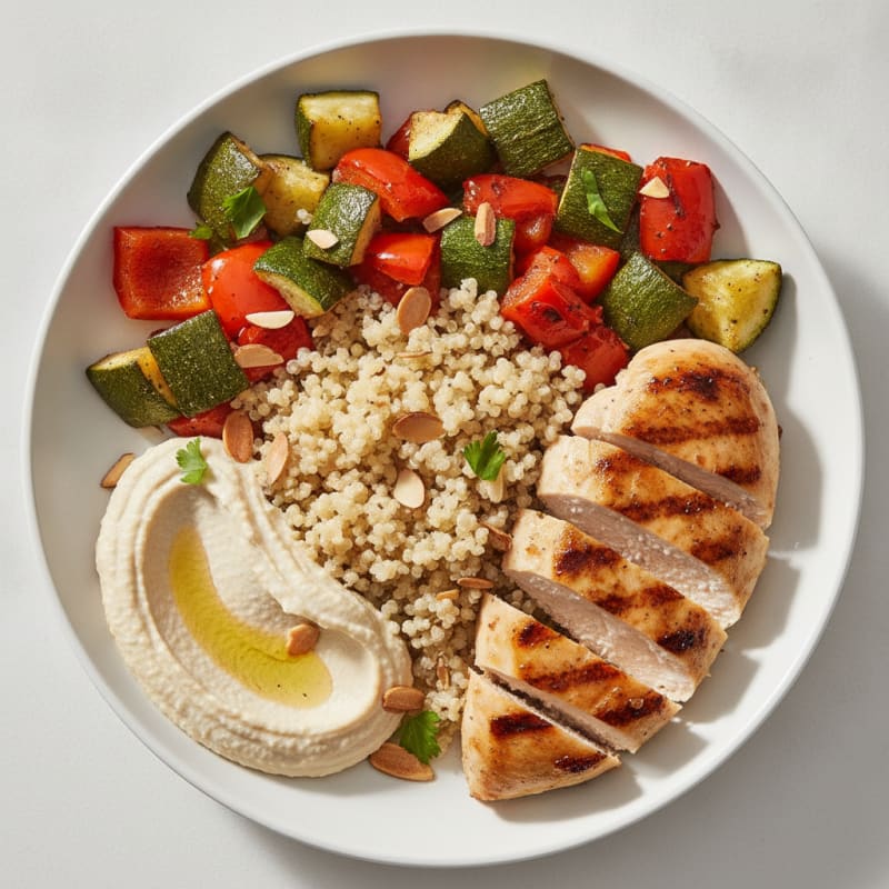 Grilled Chicken and Quinoa Bowl with Roasted Vegetables and White Bean Hummus