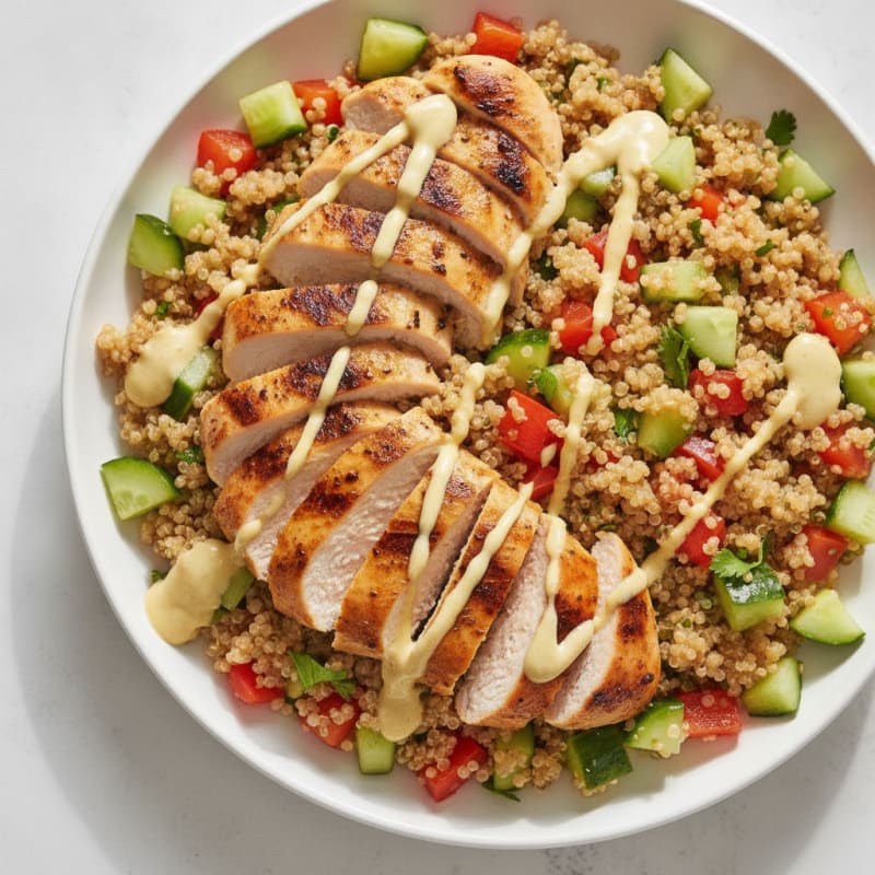 Grilled Chicken Breast and Quinoa Bowl with Crunchy Vegetables and Lemon-Tahini Drizzle