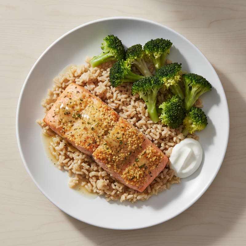 Baked Salmon with Lemon-Herb Rice and Broccoli