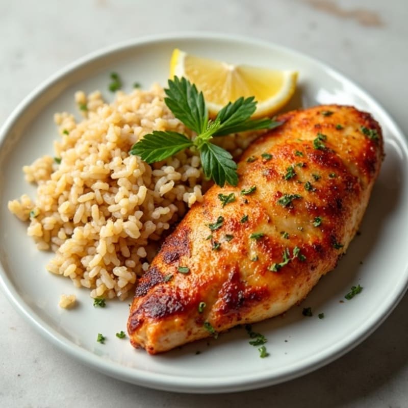 Crispy Skinned Lemon Herb Chicken with Fluffy Brown Rice