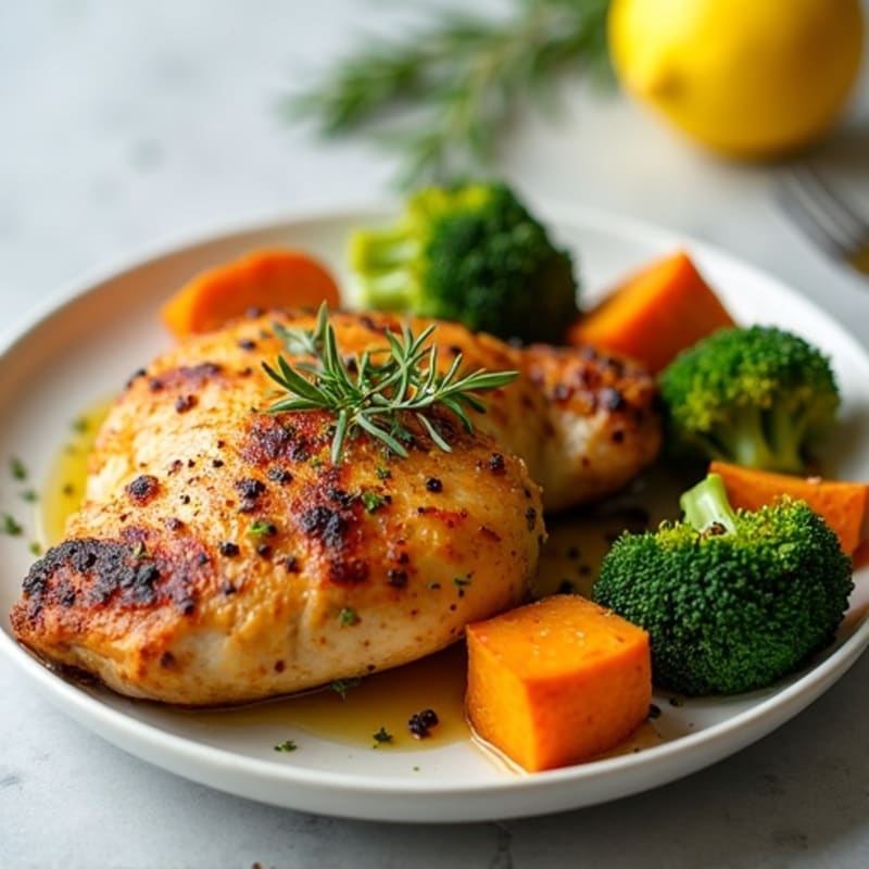 Lemon-Herb Roasted Chicken with Crispy Broccoli and Sweet Potatoes