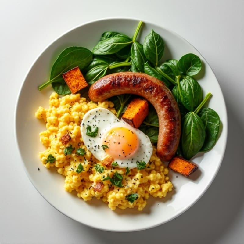 Egg White and Turkey Sausage Scramble with Spinach and Roasted Sweet Potato