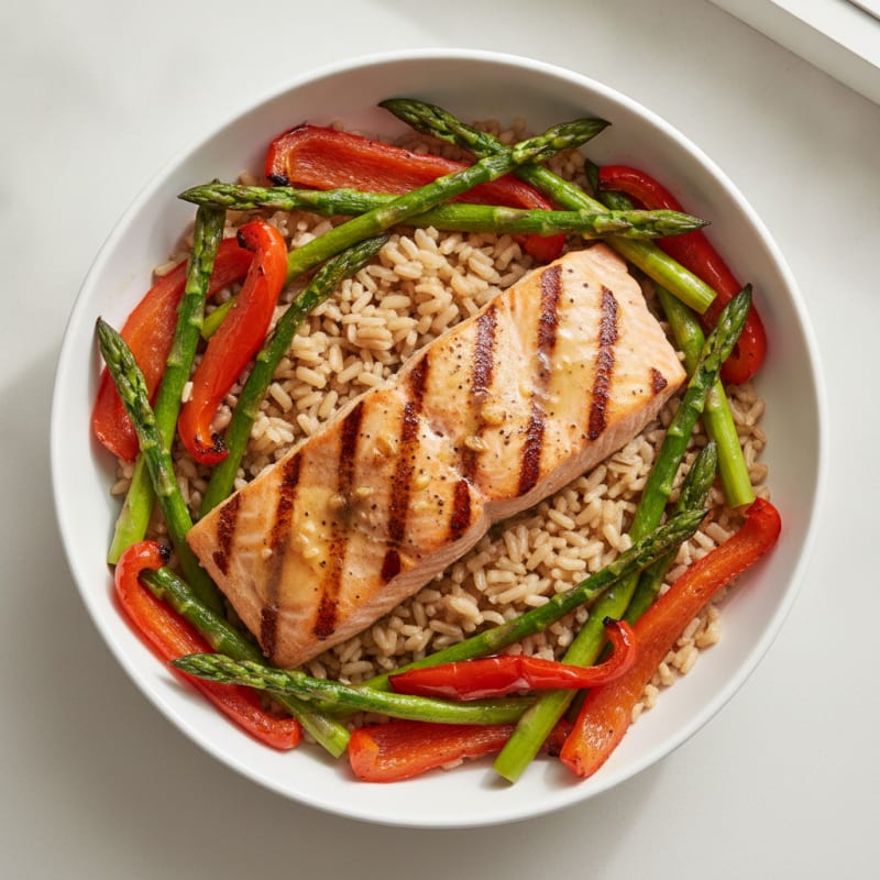 Grilled Salmon and Vegetable Rice Bowl