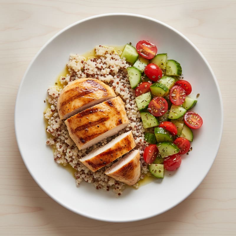 Grilled Chicken Breast with Quinoa and Crunchy Cucumber-Tomato Salad