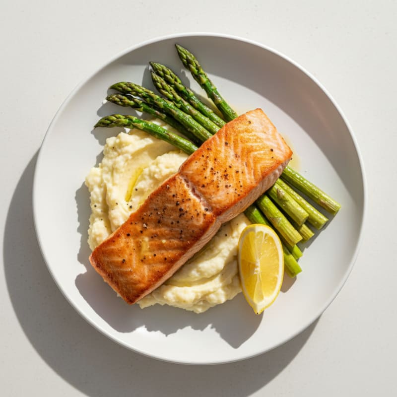 Seared Salmon with Roasted Asparagus and Garlic Cauliflower Mash