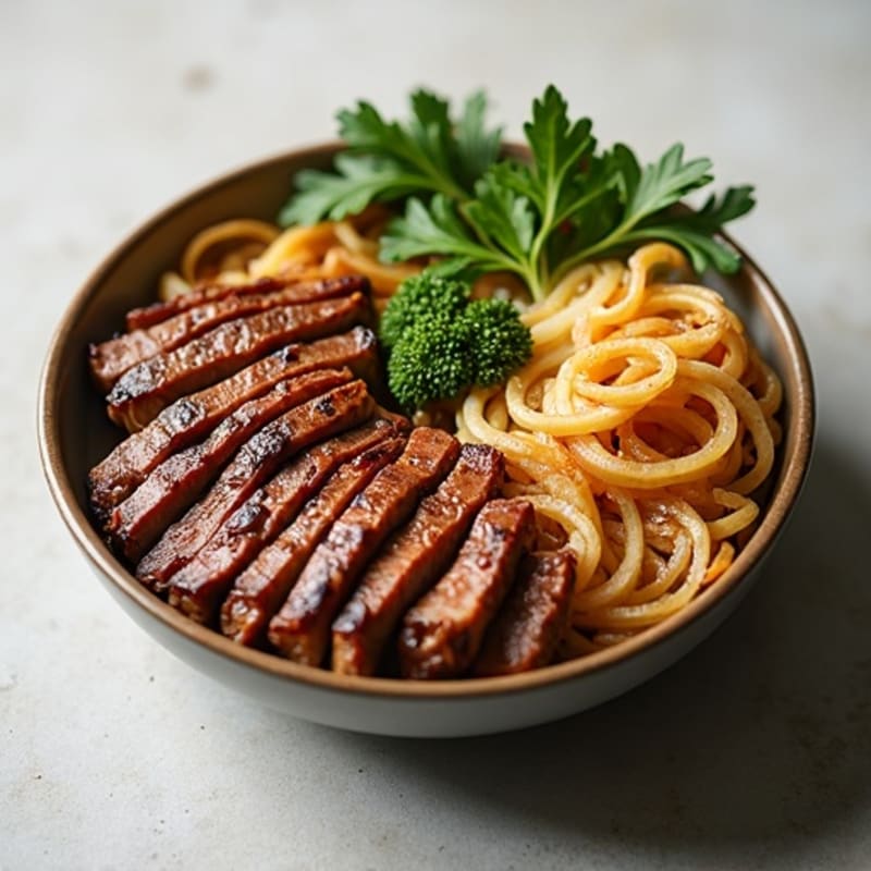 Crispy Seared Steak and Caramelized Onion Bowl with Creamy Provolone Sauce