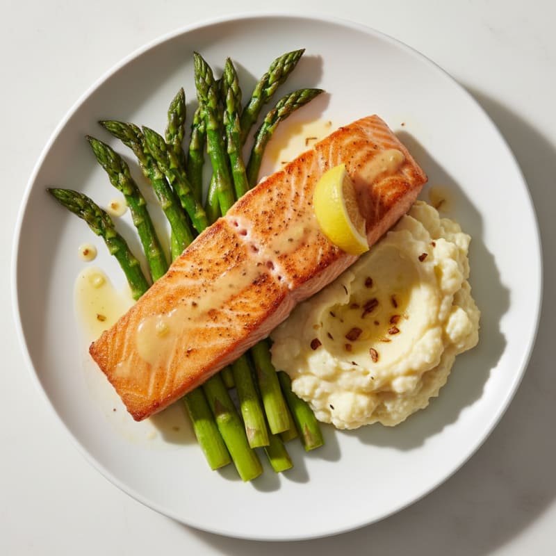 Seared Salmon with Roasted Asparagus and Garlic Mashed Cauliflower