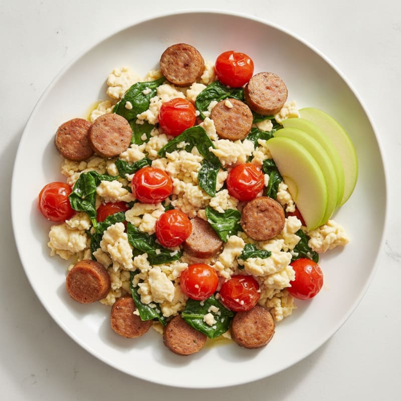 Egg White and Turkey Sausage Scramble with Spinach and Tomatoes