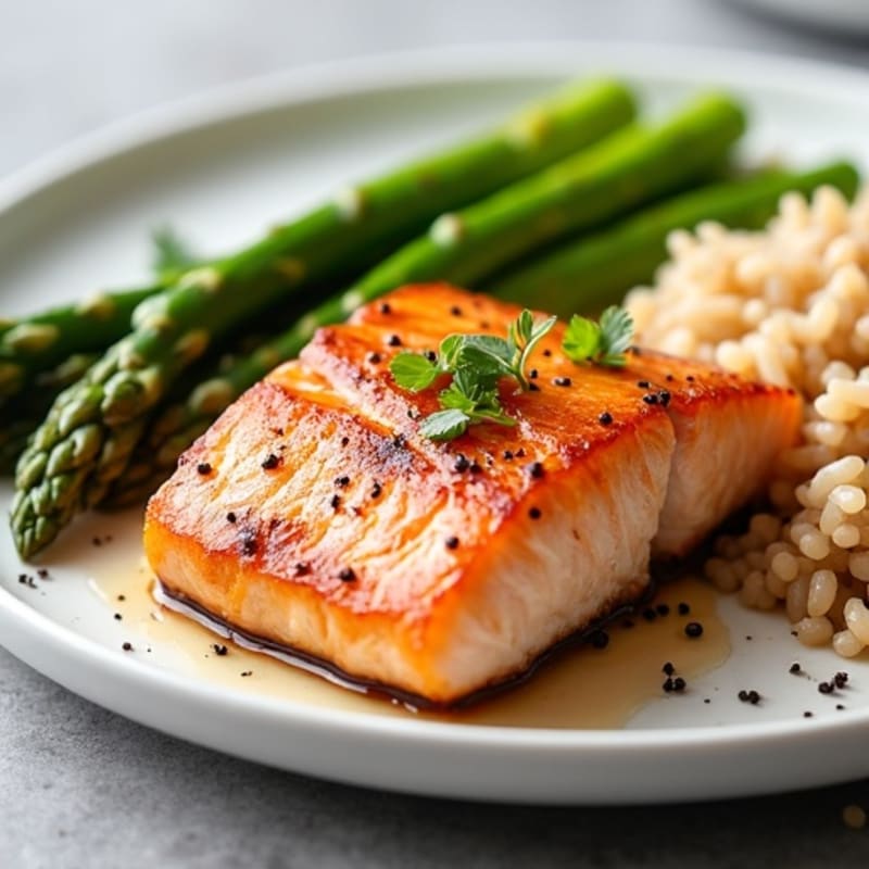 Seared Salmon Fillet with Steamed Asparagus and Brown Rice