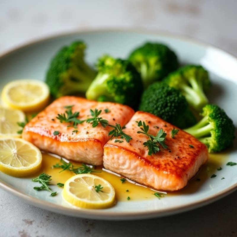Seared Salmon with Steamed Broccoli and Lemon