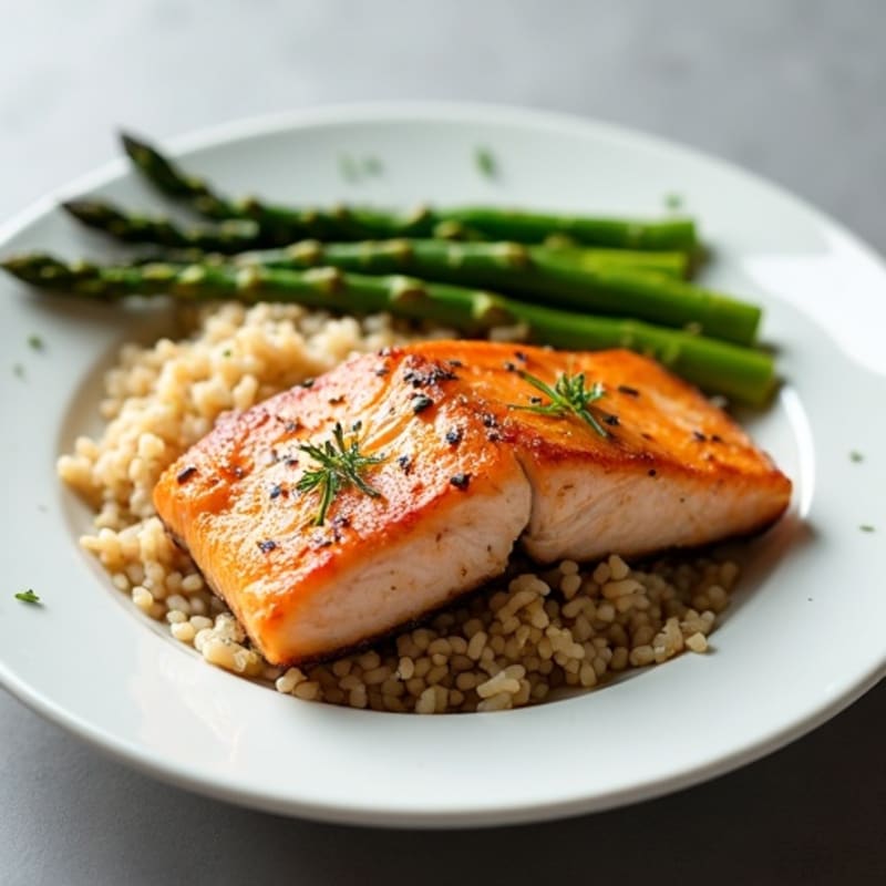 Seared Salmon with Steamed Asparagus and Brown Rice