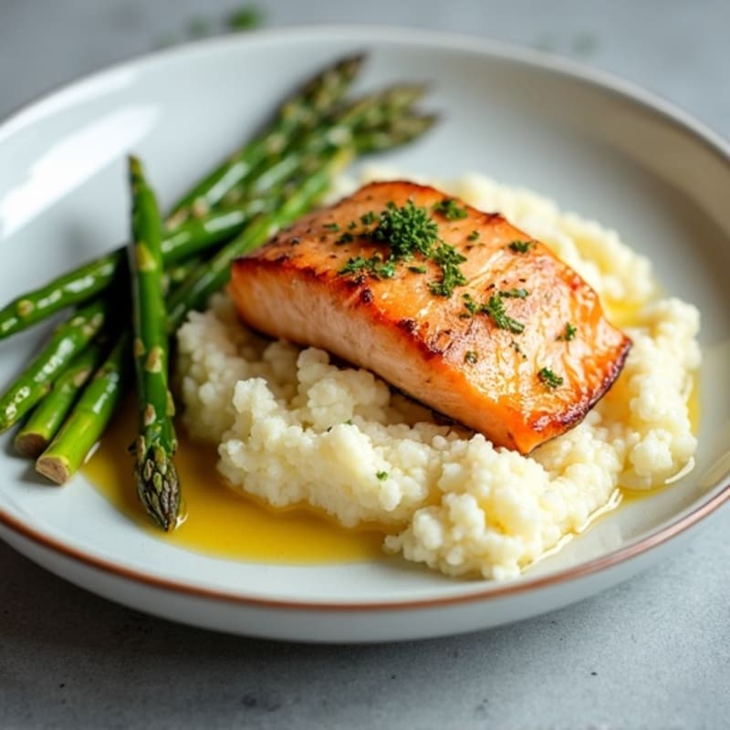 Seared Salmon with Roasted Asparagus and Cauliflower Mash