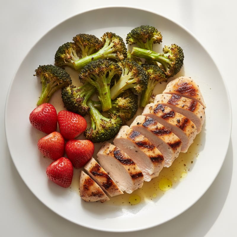 Grilled Chicken Breast with Roasted Broccoli and Fresh Strawberries