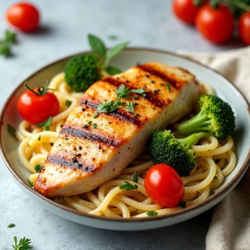 Grilled Chicken Pasta with Roasted Broccoli and Cherry Tomatoes